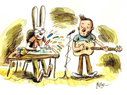 Dibujo de Liniers realizado durante la entrevista con EL PA&Iacute;S en Madrid, donde se autorretrata junto a Kevin Johansen.