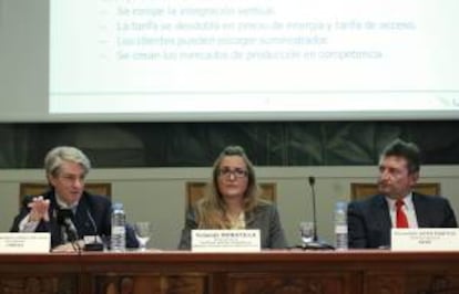 El presidente de Unesa, Eduardo Montes (i), junto a la directora de la cátedra Rafael Mariño de Nuevas Tecnologías Energéticas, Yolanda Moratilla (c), y el director de AEGE, Fernando Soto Martos (d), durante una mesa redonda sobre estrategia e inversiones a corto y medio plazo para grandes consumidores, dentro del ciclo "Desafíos del sector eléctrico a corto y medio plazo", organizado por Instituto de la Ingeniería de España, hoy en Madrid.