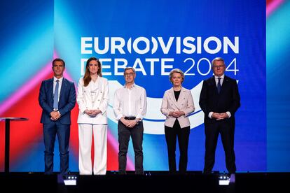 Los candidatos de las principales formaciones proeuropeístas a la presidencia de la Comisión Europea participan en el debate de Eurovisión, este jueves.