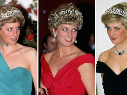 La princesa Diana de Gales con la tiara Spencer en (de izquierda a derecha) Londres en 1988; Budapest en 1992; Alemania en 1987 y Brisbane en 1983.