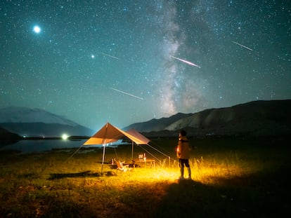 Un hombre observa una lluvia de estrellas en 2021.