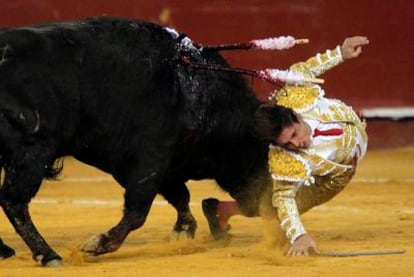 Miguel Tendero fue cogido de fea manera al iniciar la faena de muleta al sexto toro de la tarde.