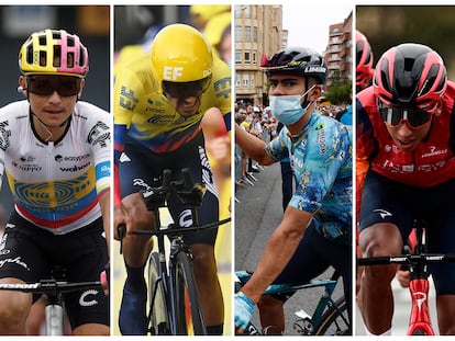 Esteban Chaves, Daniel Martínez, Harold Tejada, Egan Bernal y Rigoberto Urán, ciclistas colombianos que participan en el Tour de France 2023.