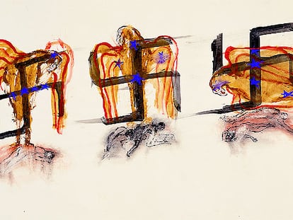 &#39;Eagle, svastikas, victims&#39; (1968), obra de Nancy Spero.