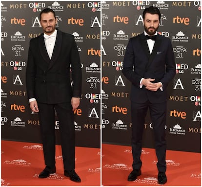 La alfombra roja masculina suele ser algo más aburrida (por repetitiva), puesto que imperan los smoking negros, pero algunos de los actores se salen del guion logran colocarse entre los mejor vestidos. Eso es lo que hizo el intérprete Asier Etxeandia en 2017 vestido de Ana Locking, con un traje negro con una americana con una original botonadura que combinó con una pajarita blanca. Su compañero en la serie ‘Velvet’ Javier Rey, a la derecha de la imagen, también destacó por su esmoquin cruzado azul tinta. 