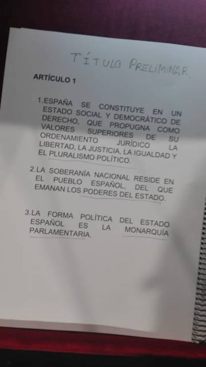 Detalle del texto de la Constitución que ha leído la princesa Leonor.