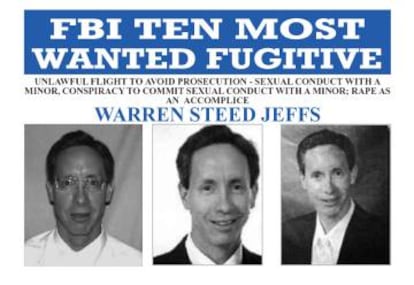 Cartazes distribuídos pelo FBI antes de o líder religioso Warren Jeffs ser preso. A polícia o prendeu em 2006, em Nevada, em um semáforo.