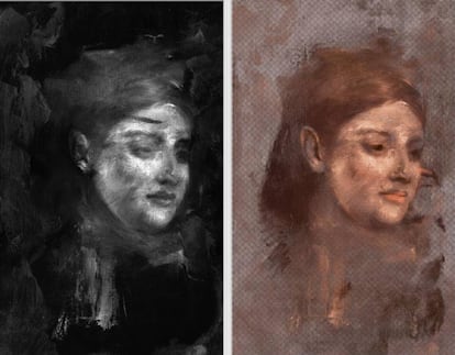 El retrato escondido de Emma Dobigny encontrado en 'Portrait d'une femme', el cuadro del artista Edgar Degas. A la derecha, una falsa reconstrucción en color.