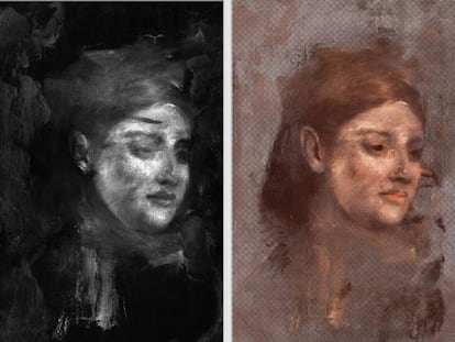 El retrato escondido de Emma Dobigny encontrado en 'Portrait d'une femme', el cuadro del artista Edgar Degas. A la derecha, una falsa reconstrucción en color.