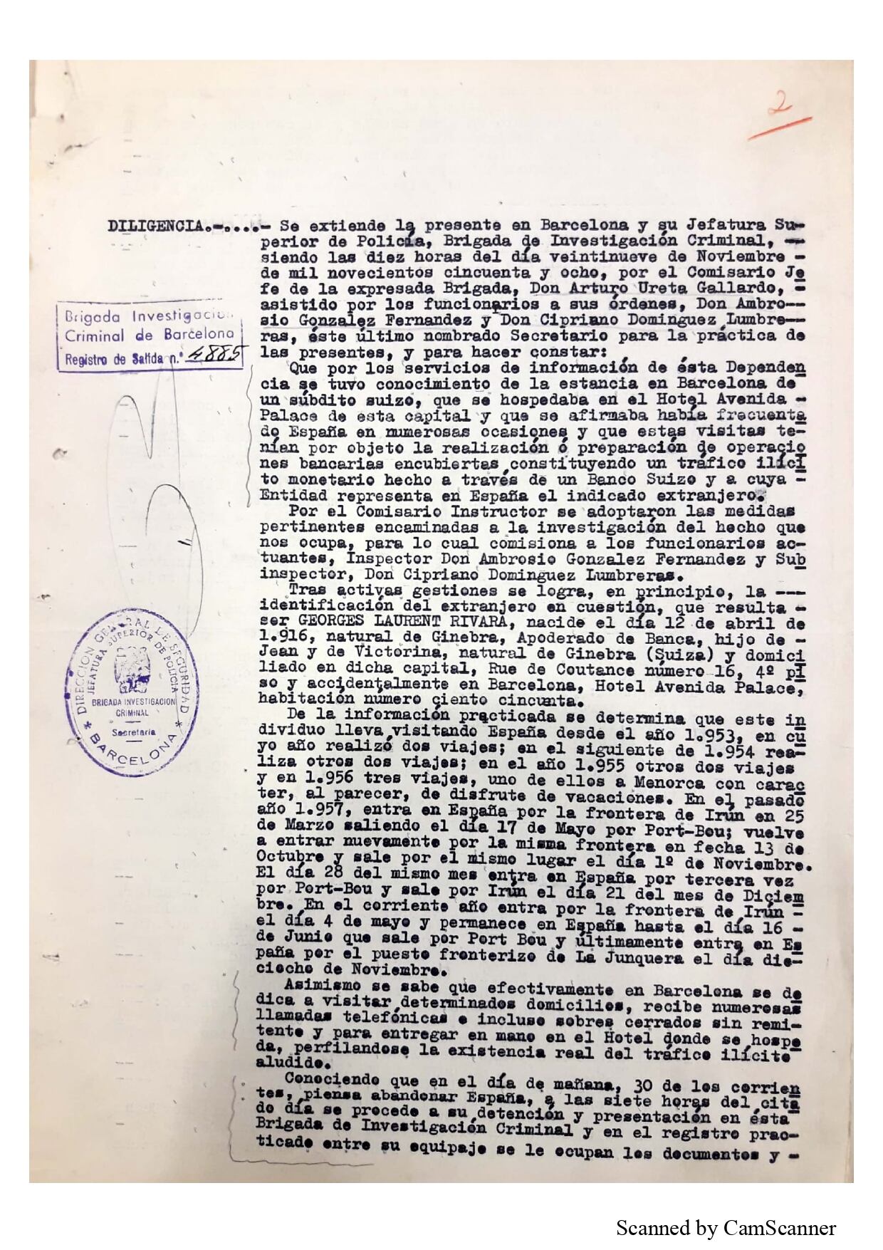 Diligencia en la que la policía de Barcelona comunica la detención de Rivara en noviembre de 1958.