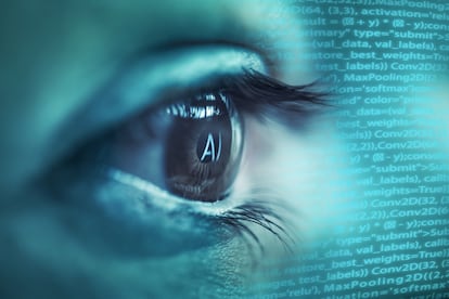 Imagen de un ojo humano con las letras "AI" (Inteligencia Artificial) y lenguaje de programación reflejado en su superficie.