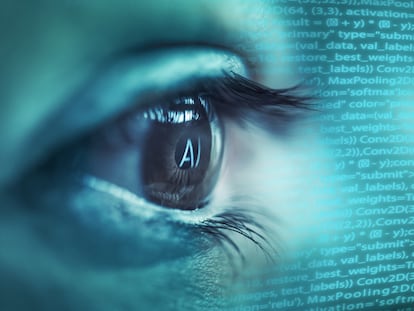 Imagen de un ojo humano con las letras "AI" (Inteligencia Artificial) y lenguaje de programación reflejado en su superficie.