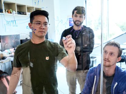Researchers Patrick Hsu, Nick Perry and Matt Durrant, from the Arc Institute, in Palo Alto.