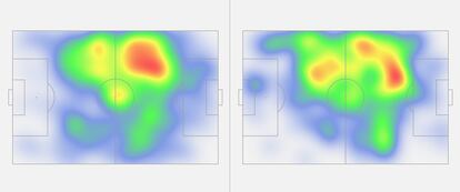 A LA IZQUIERDA, EL MAPA DE CALOR DE BELLINGHAM HASTA EL PARTIDO CONTRA EL MILAN (5 DE NOVIEMBRE). Y A LA DERECHA, LOS SEIS ?LTIMOS ENCUENTROS (OSASUNA, LEGAN?S, LIVERPOOL, GETAFE, ATHLETIC Y GIRONA).