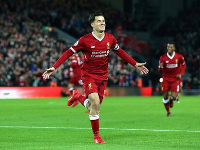 Coutinho celebra un gol con el Liverpool.