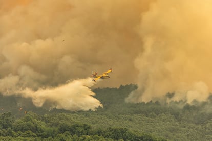 Una hidronave participa en las labores de extinción del incendio de Jarilla (Cáceres), el 17 de agosto.