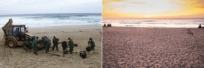 State of the Mar de Fora Beach, in the town of Fisterra. Several volunteers walk along the beach looking for fuel residue next to a excavator. Now, the same area is free of contamination.