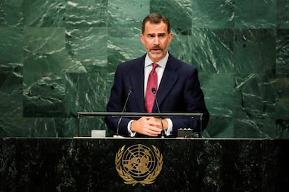 King Felipe VI of Spain addresses the United Nations General Assembly.