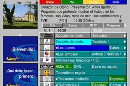 Pantalla de la guía electrónica de programación de Gemstar tal y como se ve en aparatos de Pioneer o Sharp.