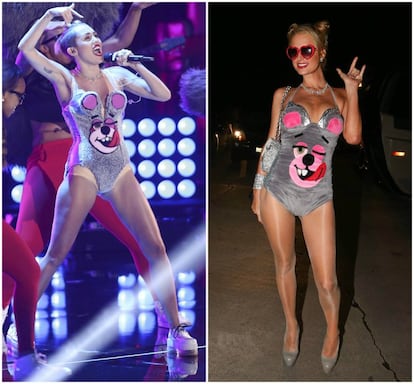 Uno de los trajes que lució Miley Cyrus durante su actuación en los MTV Video Music Awards de 2013 sirvió de inspiración a Paris Hilton en la fiesta de Halloween de ese año.