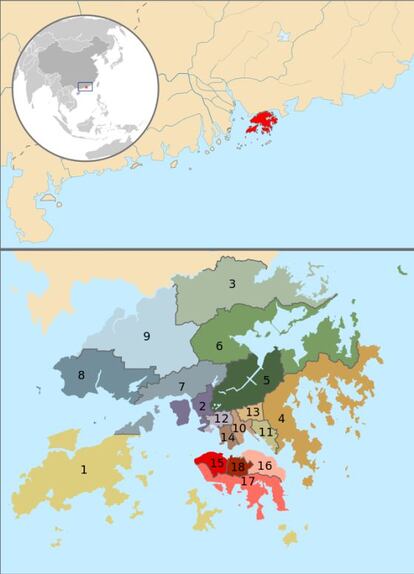 Mapa de los distritos de Hong Kong.