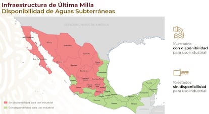 Un mapa que muestra la disponibilidad de infraestructura para uso industrial del agua en los distintos Estados del país.