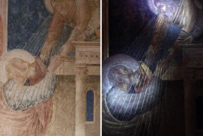 Detalle de una obra de Giotto en su estado actual, a la izquierda, y bajo la luz ultravioleta.