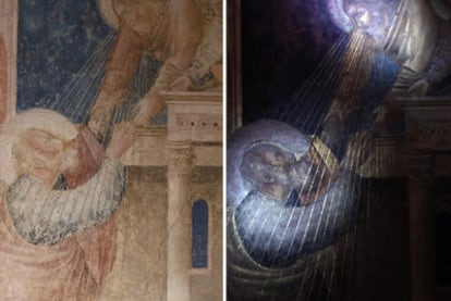 Detalle de una obra de Giotto en su estado actual, a la izquierda, y bajo la luz ultravioleta.