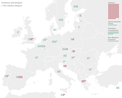 Los puntos rojos representan delegados pagados por el sector; los verdes, independientes. De estos últimos los hay de ONG medioambientales, de Comisión Europea y de Países no miembros.