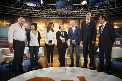 D'esquerra a dreta, els candidats Lluís Rabell, Anna Gabriel, Inés Arrimadas, Miquel Iceta, Raül Romeva, Xavier García Albiol i Ramon Espadale