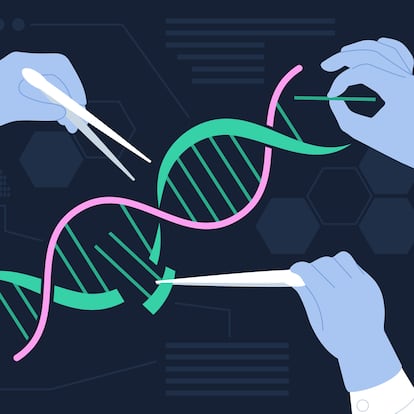 Genetic engineering concept, baby genetics edit. Human dna crispr editing, biotechnology gene analysis. Scientist experiment, decent vector scene. Illustration of medicine genetic