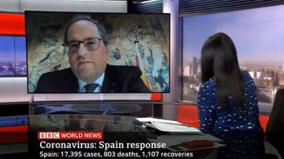 El presidente del Gobierno de Cataluña, Quim Torra, en una entrevista de la BBC.
 
 