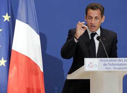 Nicolas Sarkozy, durante su discurso ante los periodistas económicos ayer en el Senado francés.