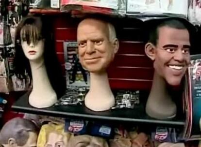 La máscara de Palin (a la izquierda), junto a las de McCain y Obama.