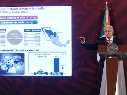 López Obrador aborda el tema de los aseguramientos de metanfetamina y fentanilo, durante su conferencia matutina de este miércoles.