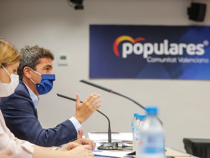 El presidente del PP valenciano, Carlos Mazón, durante la presentación de la propuesta fiscal del partido.