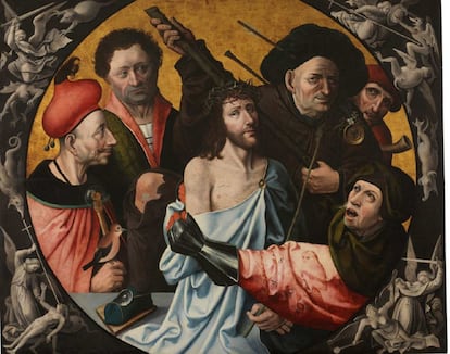 'La Coronación de espinas o las injurias a Cristo', tabla atribuida a un seguidor de El Bosco, fechada en torno a 1516, es un enorme óleo de 139 x 169 centímetros que forma parte de la exposición 'Una colección redescubierta. Tablas flamencas del Museo Lázaro Galdiano'.