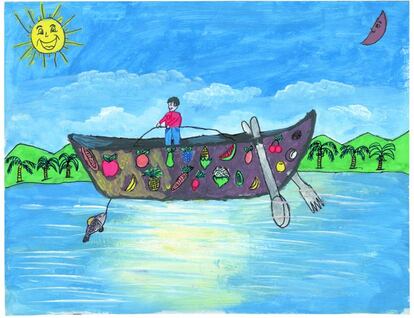 El dibujo de Gerardo Daniel Évora trata sobre la necesidad de alimentar y educar a niños para que se puedan desarrollar sin limitaciones. Gerardo, de Honduras, sueña con ser abogado de mayor. Tiene 10 años.