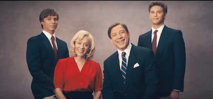 From left to right, Nicholas Alexander Chavez as Lyle, Chloë Sevigny as Kitty, Javier Bardem as Jose and Cooper Koch as Erik from Netflix’s ‘Monsters: The Lyle and Erik Menendez Story’.