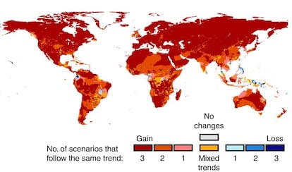 Expansão da área de patógenos em decorrência do aquecimento global. Em cores avermelhadas, as áreas que registrarão o maior incremento. 