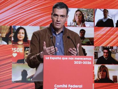 El presidente del Gobierno, Pedro Sánchez, interviene ante el Comité Federal del PSOE este sábado en Barcelona.