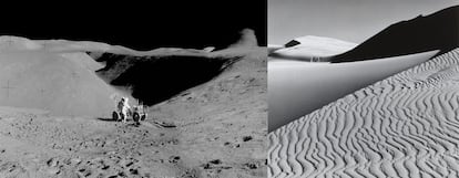 Un astronauta del Apolo 15 en la grieta Hadley de la Luna en 1971 y, a la derecha, 'Dunes, Oceano, California' (1963), de Ansel Adams.