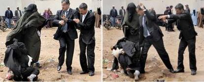 Un comisario de policía marroquí zarandea y golpea a la esposa de un preso islamista, que lleva a su hijo en brazos, ante la cárcel de Oukacha.