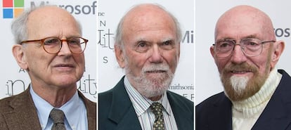 Da esquerda para a direita, Rainer Weiss, Barry Barish e Kip Thorne.