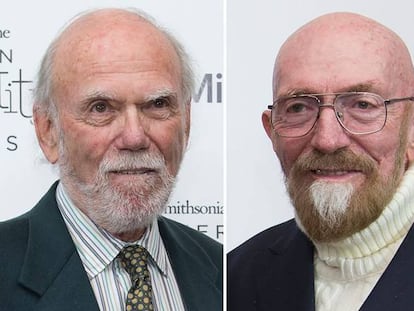 Da esquerda para a direita, Rainer Weiss, Barry Barish e Kip Thorne.