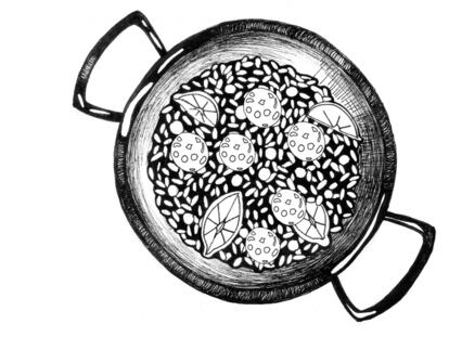 Paella con chorizo y otros bocaditos de España y olé