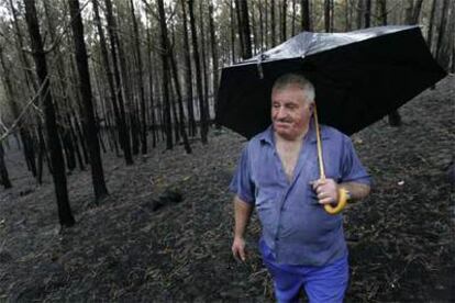 El gallego José Inzo recorre su finca, arrasada por el fuego.