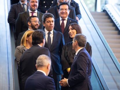 El presidente Carlos Mazón y la ministra Diana Morant, con los responsables de la EUIPO, este viernes