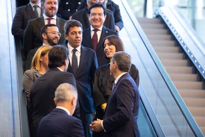 El presidente Carlos Mazón y la ministra Diana Morant, con los responsables de la EUIPO, este viernes
