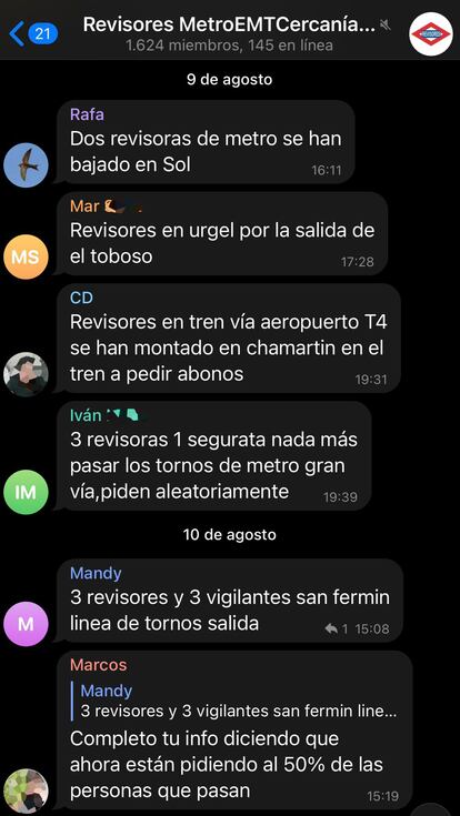 Mensajes en un grupo Telegram que avisan de la presencia de revisores en el Metro de Madrid.